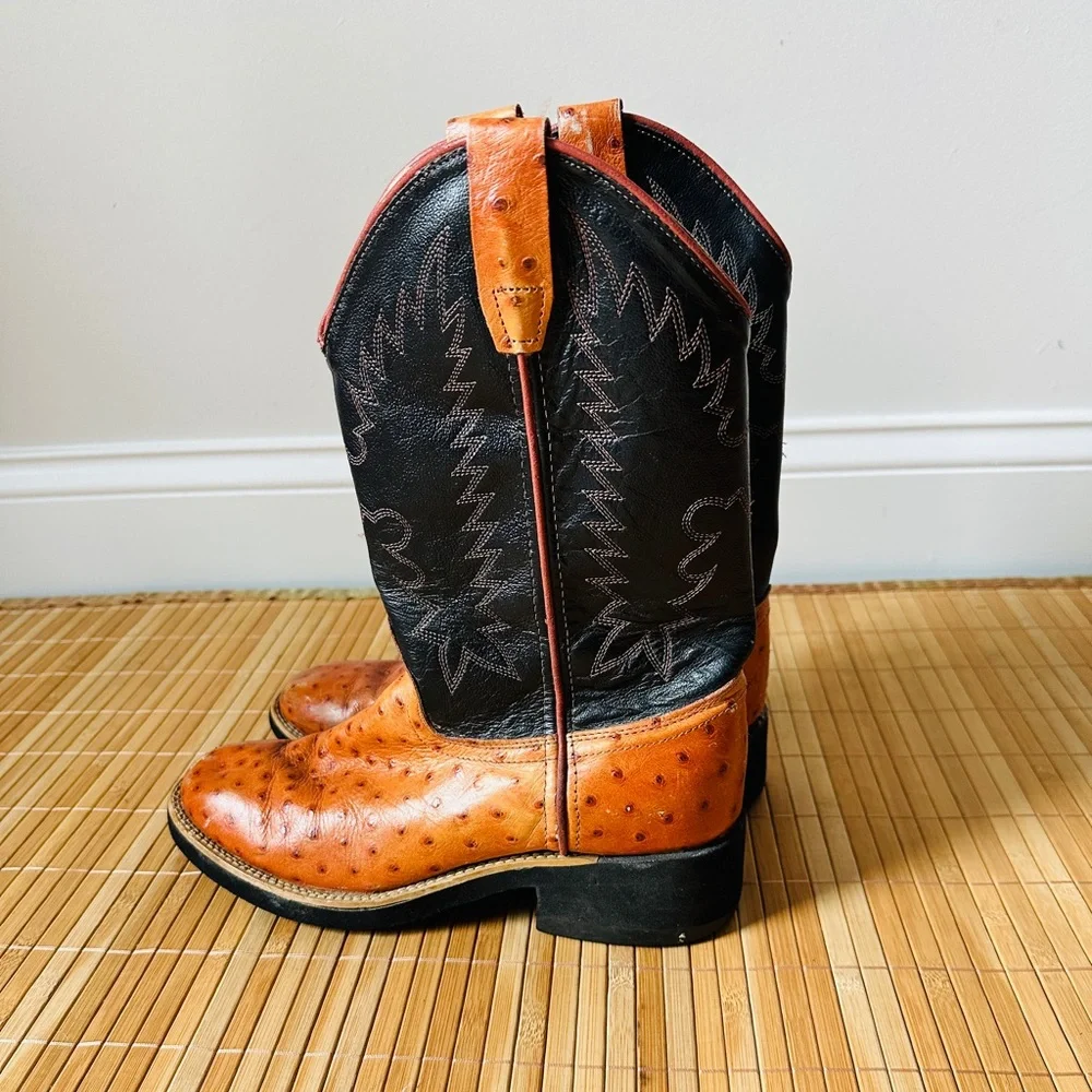 Vintage Old West Ostrich Embossed Leather Black British Tan Unisex Cowboy Boots
